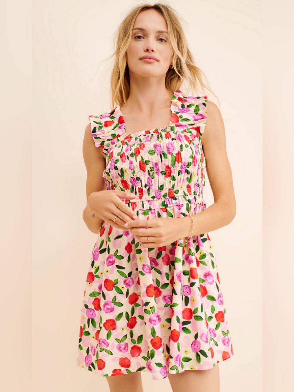 English Factory Ruffle Floral Mini Dress Smocked Pink Cotton Pockets M